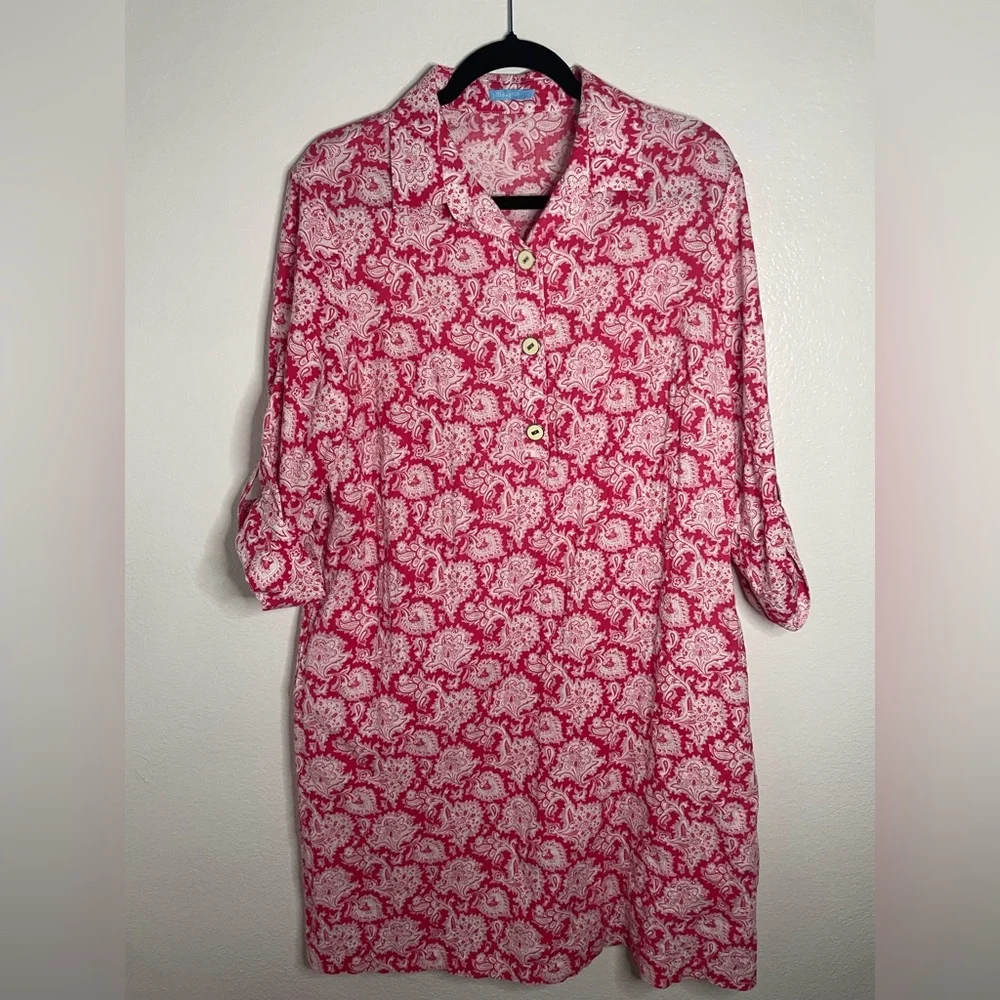 J. McLaughlin Mock Neck A-line Cotton Shirt Dress Sz Large Pockets - Picture 1 of 8